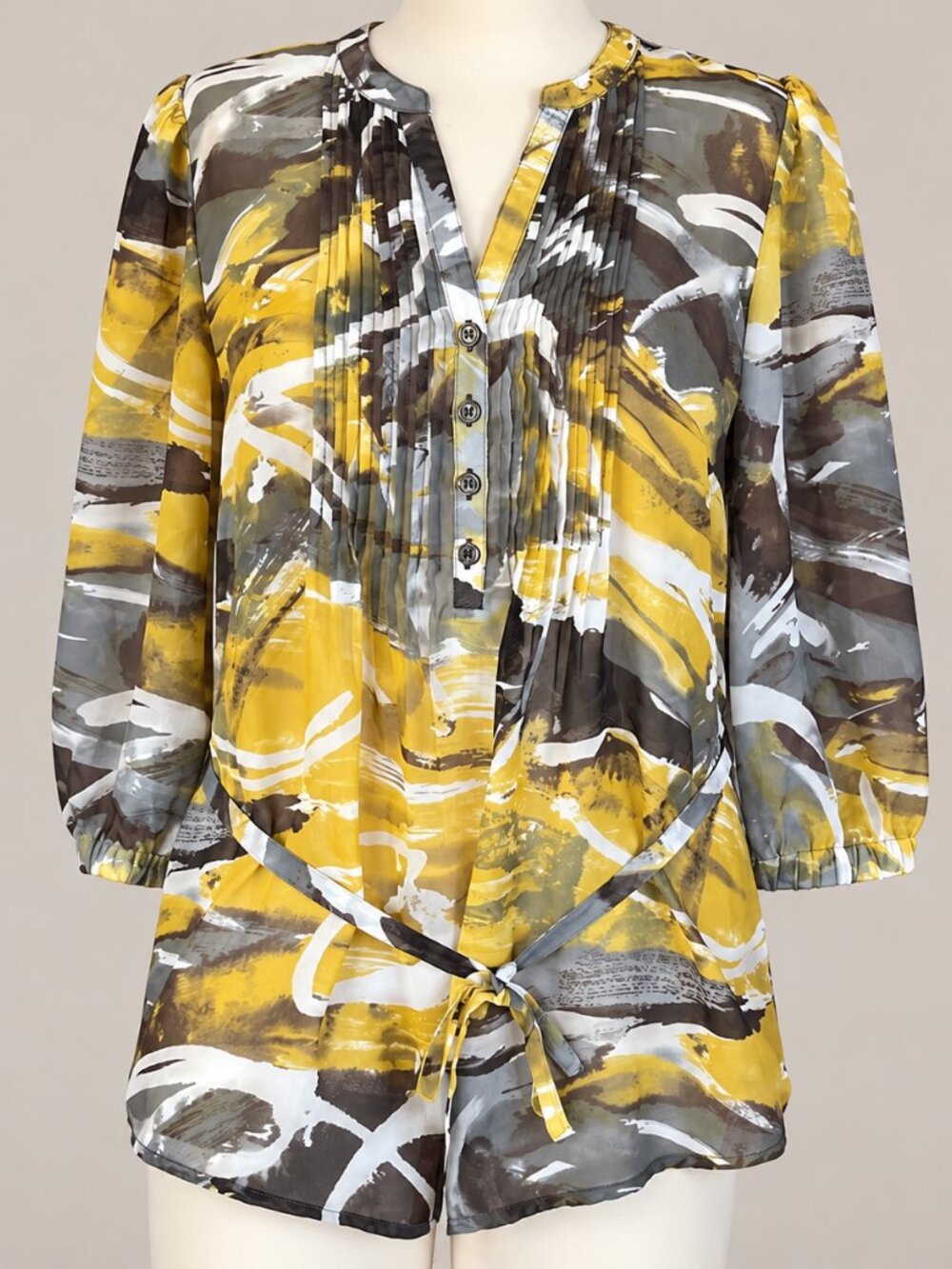 Nicole Miller New York Sheer Abstract Belted Tunic Blouse Yellow Gray L